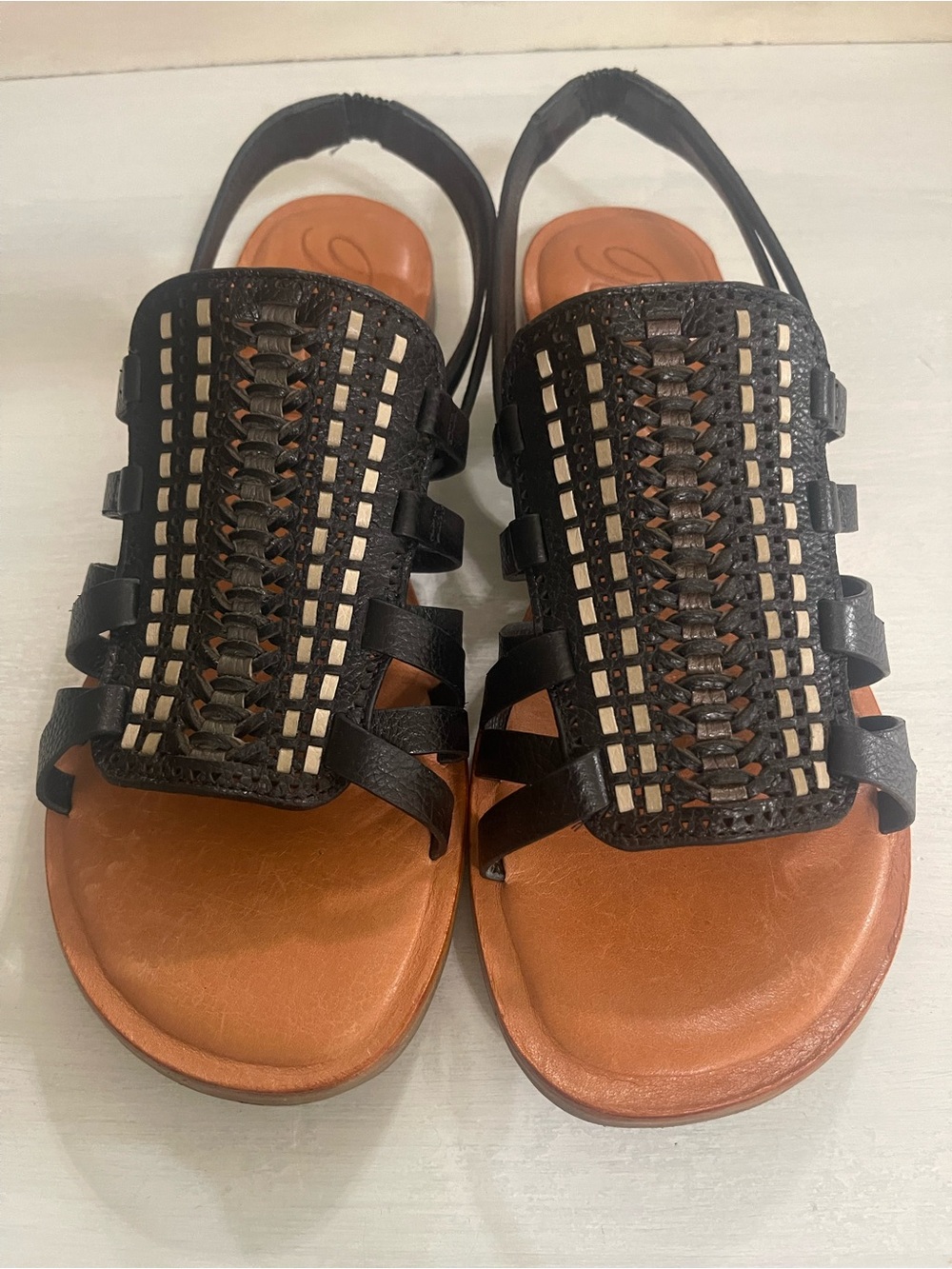 Brighton Adella Black Flat Sandsls. Woven Leather Slingback Sandals.